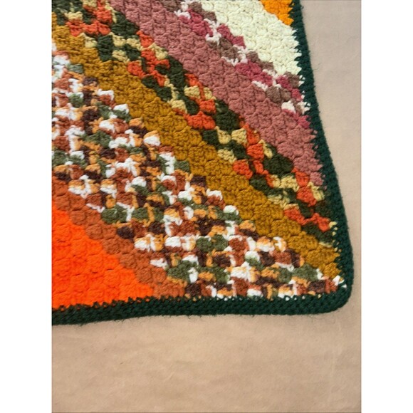 Crochet Blanket Handmade Small 34”x24” Orange And Green Multi Grannycore - Picture 3 of 7